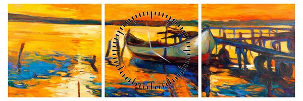 Obraz - Loďka pri západe slnka (s hodinami) (90x30 cm)