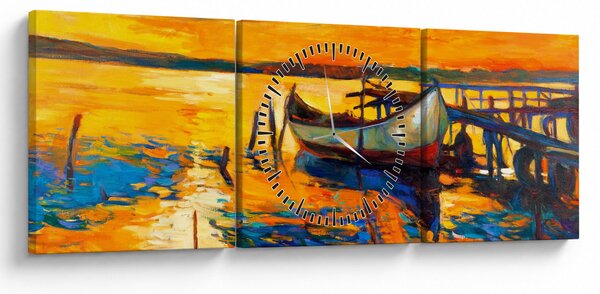 Obraz - Loďka pri západe slnka (s hodinami) (90x30 cm)