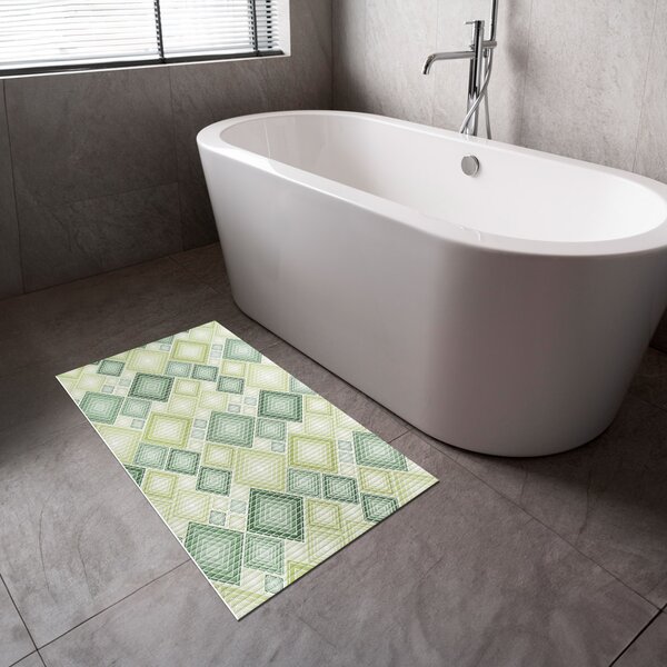 Kúpeľňová penová rohož / predložka PRO-069 Zelené designové štvorce - metráž šírka 65 cm