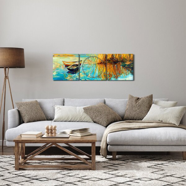 Obraz - Jazero s loďkami (s hodinami) (90x30 cm)