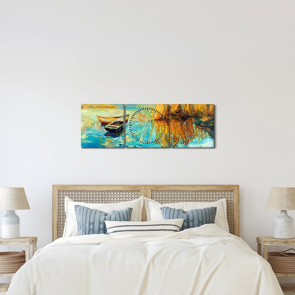 Obraz - Jazero s loďkami (s hodinami) (90x30 cm)