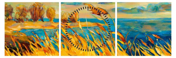 Obraz - Západajúce slnko nad jazerom, akrylová maľba (s hodinami) (90x30 cm)