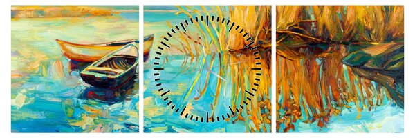 Obraz - Jazero s loďkami (s hodinami) (90x30 cm)