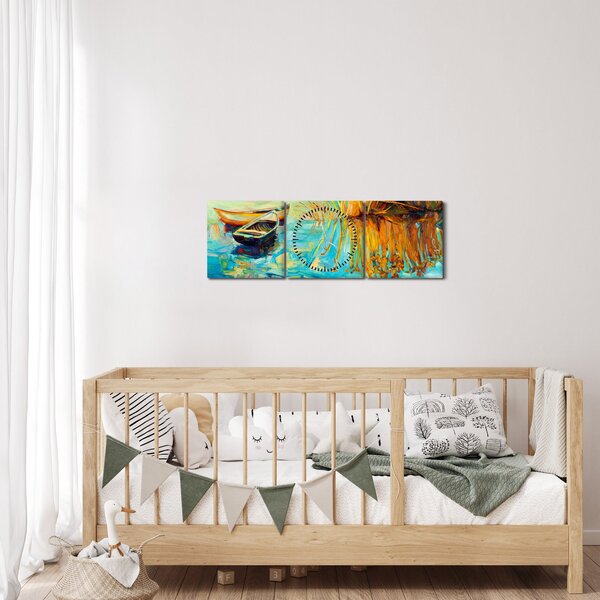 Obraz - Jazero s loďkami (s hodinami) (90x30 cm)