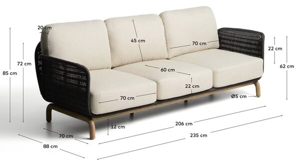MUZZA Záhradná Trojmiestna pohovka Lipano 235 cm Béžová/Čierna