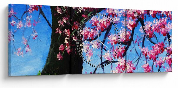 Obraz maľované rozkvitnuté čerešne (s hodinami) (90x30 cm)