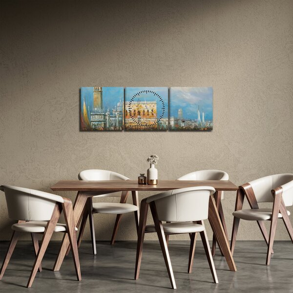 Obraz - Gondola prechádzajúca Benátkami, olejomaľba (s hodinami) (90x30 cm)