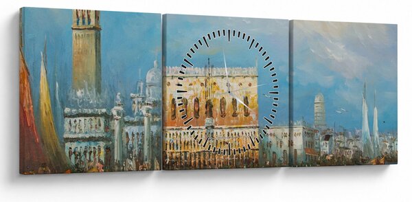 Obraz - Gondola prechádzajúca Benátkami, olejomaľba (s hodinami) (90x30 cm)