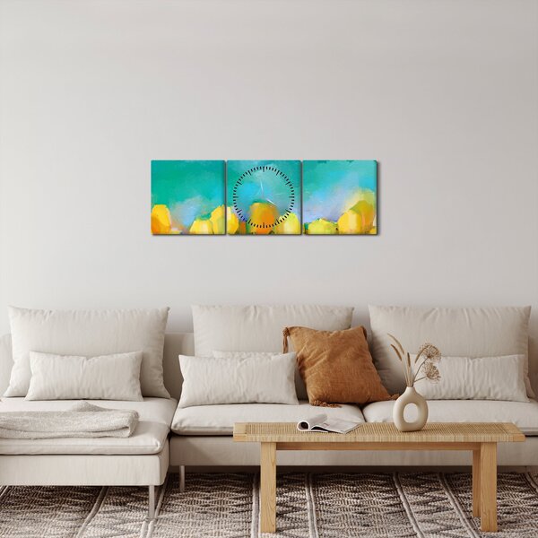 Obraz žltých tulipánov (s hodinami) (90x30 cm)