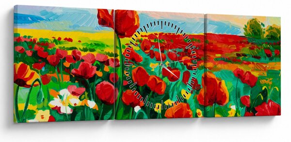 Obraz poľa s vlčími makmi (s hodinami) (90x30 cm)