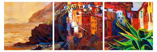 Obraz - Dedina na pobreží Cinque Terre, Talianska riviéra, moderný impresionizmus (s hodinami) (90x30 cm)