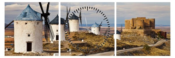Obraz - Veterné mlyny Consuegra, Španielsko (s hodinami) (90x30 cm)