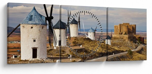 Obraz - Veterné mlyny Consuegra, Španielsko (s hodinami) (90x30 cm)