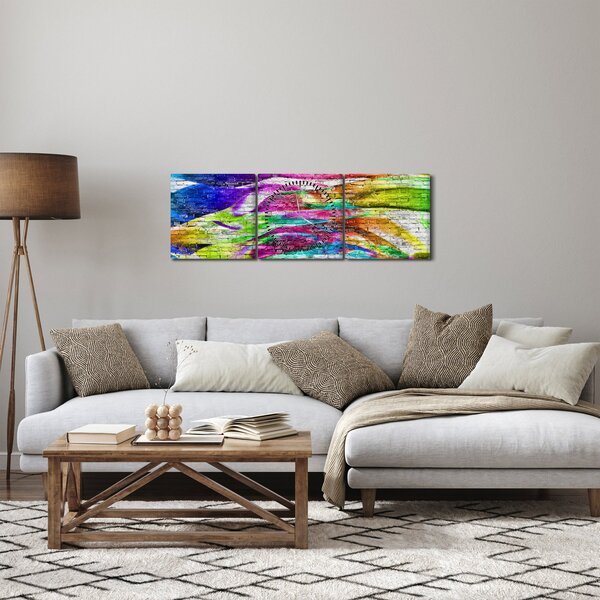 Obraz - Tehlový múr s farebnými plameňmi (s hodinami) (90x30 cm)