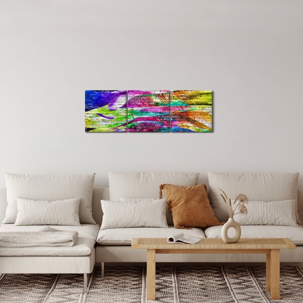 Obraz - Tehlový múr s farebnými plameňmi (s hodinami) (90x30 cm)