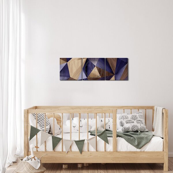 Obraz - 3D drevené trojuholníky (s hodinami) (90x30 cm)