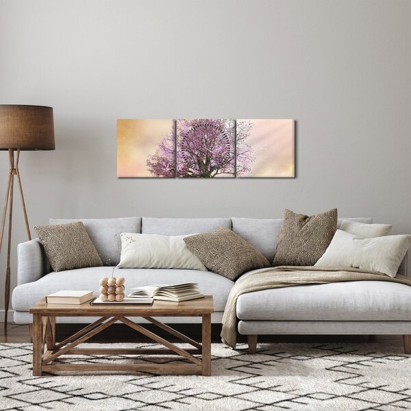 Obraz rozkvitnutého stromu na vrchole kopca (s hodinami) (90x30 cm)