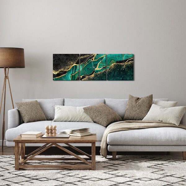 Obraz - Petrolejovo-zlaté mramorovanie (s hodinami) (90x30 cm)