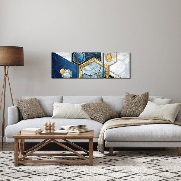 Obraz - Mramorové hexagóny (s hodinami) (90x30 cm)