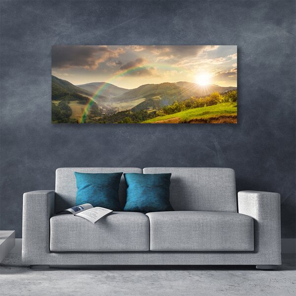 Obraz Canvas Lúka hory západ slnka 125x50 cm