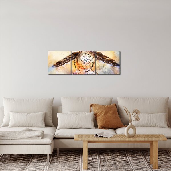 Obraz - Lapač snov s pierkami (s hodinami) (90x30 cm)