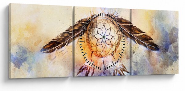 Obraz - Lapač snov s pierkami (s hodinami) (90x30 cm)