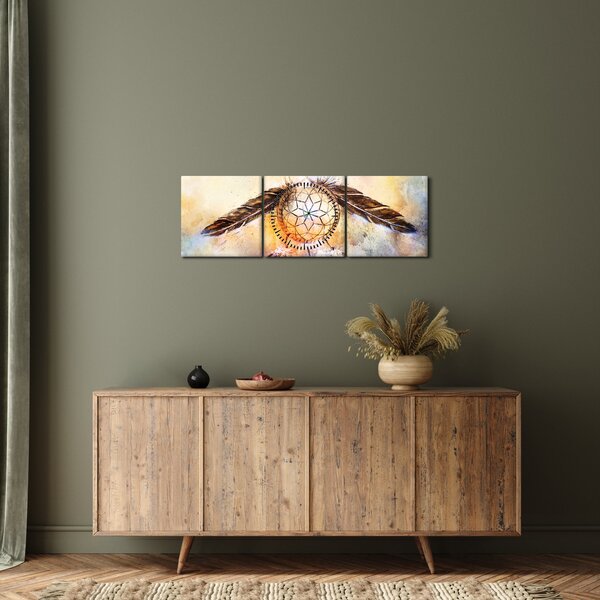 Obraz - Lapač snov s pierkami (s hodinami) (90x30 cm)
