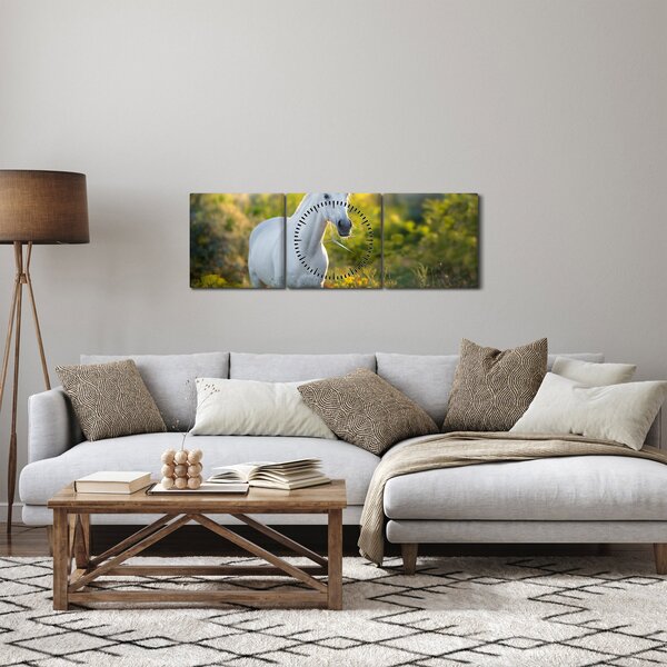 Obraz bieleho koňa na lúke (s hodinami) (90x30 cm)