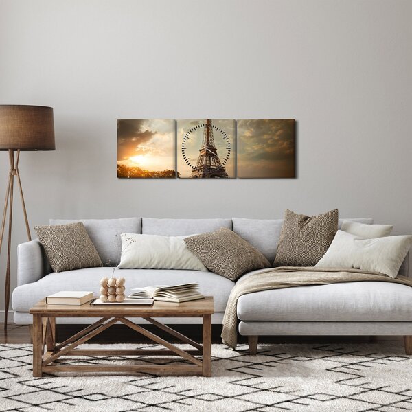 Obraz - Eiffelova veža, Paríž, Francúzsko (s hodinami) (90x30 cm)
