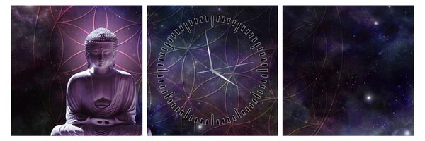 Obraz - Budha s kvetmi života (s hodinami) (90x30 cm)