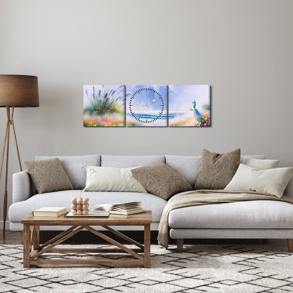 Obraz - Romantická pláž, olejomaľba (s hodinami) (90x30 cm)