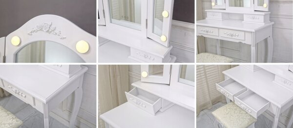 JAKS Toaletný stolík biely s LED zrkadlom a taburetkou TL14 Rose