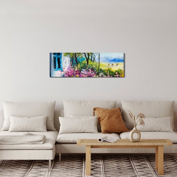 Obraz záhradky pred domom, olejomaľba (s hodinami) (90x30 cm)