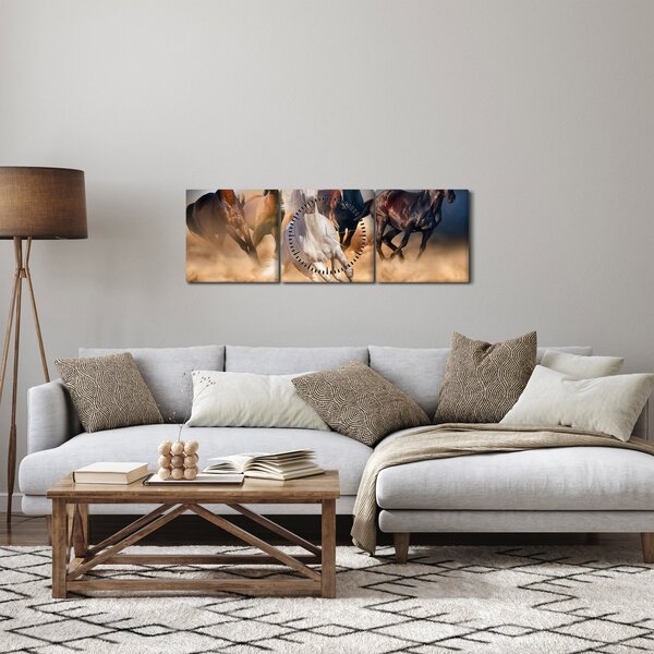 Obraz - Kone v púšti (s hodinami) (90x30 cm)