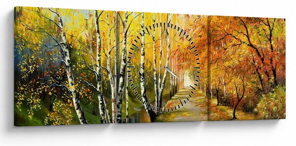 Obraz - Romantická alej pozdĺž vody, olejomaľba (s hodinami) (90x30 cm)