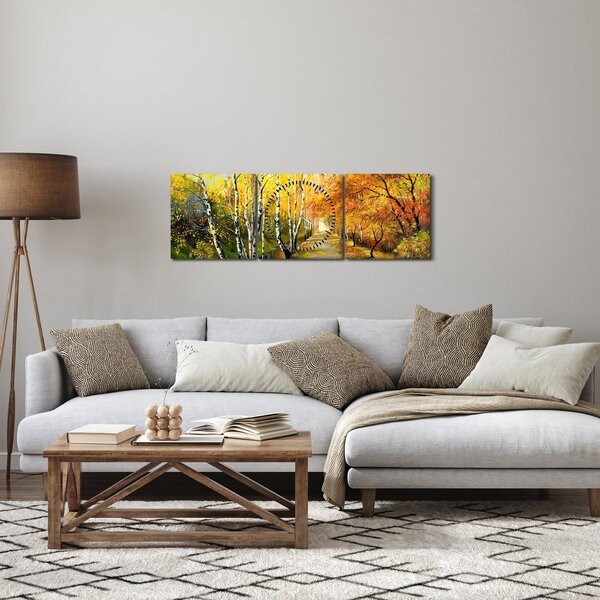 Obraz - Romantická alej pozdĺž vody, olejomaľba (s hodinami) (90x30 cm)