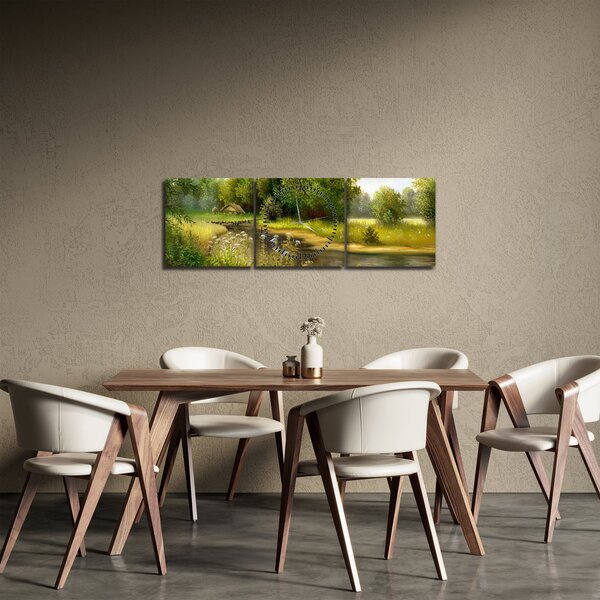 Obraz - Rieka pri lese, olejomaľba (s hodinami) (90x30 cm)