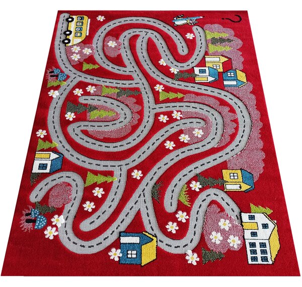 DY Červený detský koberec s motívom mesta Color Kids 02 Rozmer: 100x150 cm