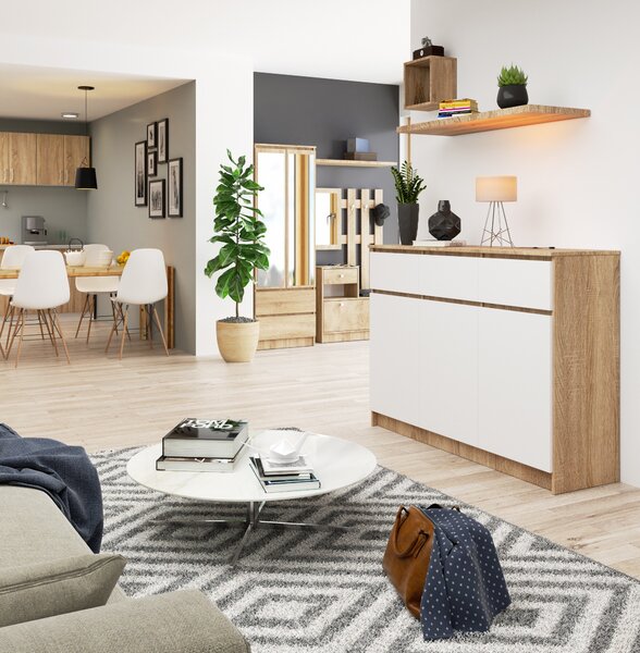 Ak furniture Komoda Karolína 140 cm 3 skrinky a 3 zásuvky dub sonoma/biela