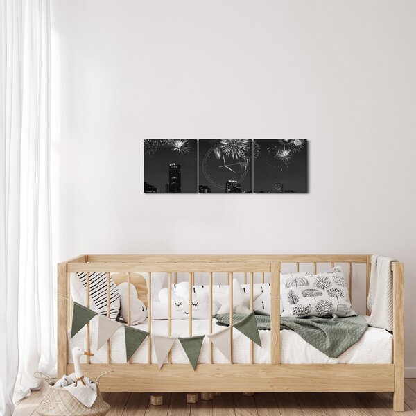 Obraz - Ohňostroj v Miami, čiernobiela (s hodinami) (90x30 cm)