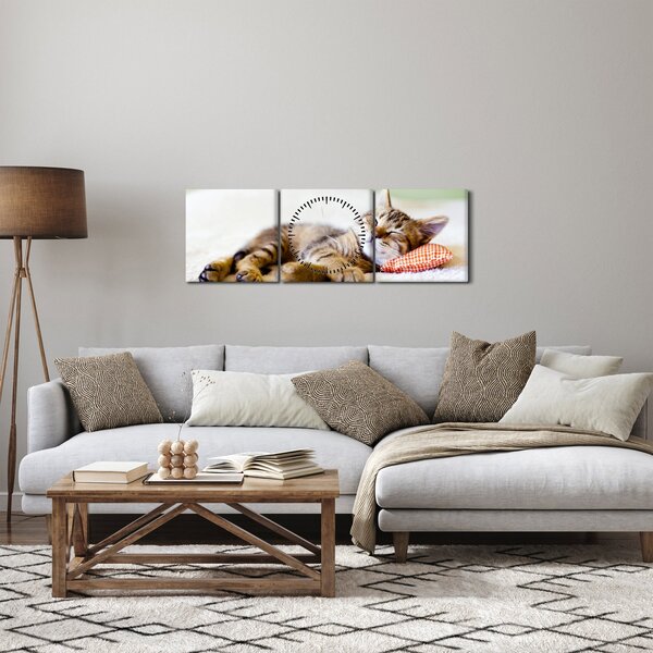 Obraz - Spiace mačiatko (s hodinami) (90x30 cm)