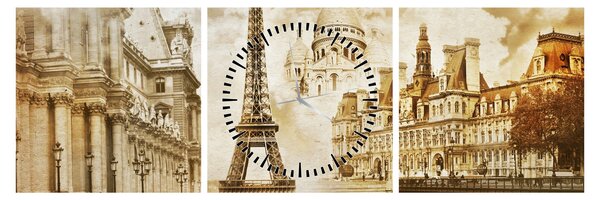 Obraz - Parížske pamiatky (s hodinami) (90x30 cm)