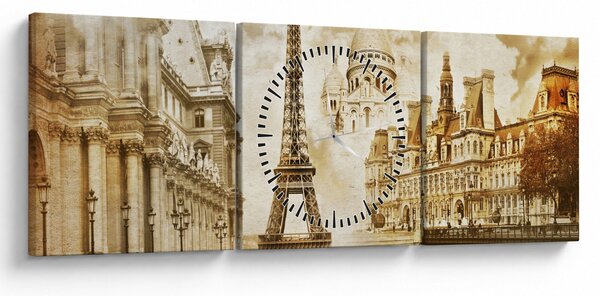 Obraz - Parížske pamiatky (s hodinami) (90x30 cm)