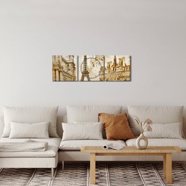 Obraz - Parížske pamiatky (s hodinami) (90x30 cm)