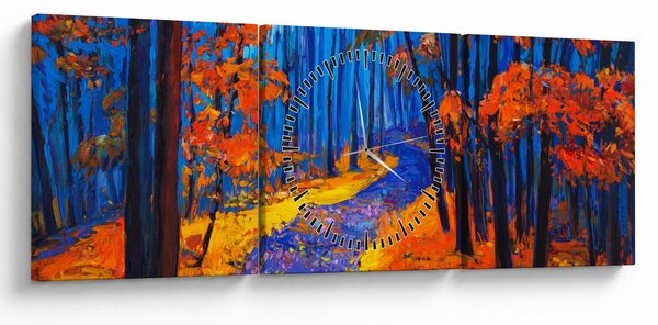 Obraz jesenného lesa (s hodinami) (90x30 cm)