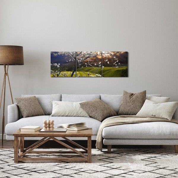Obraz - Rozkvitnutý strom v krajine (s hodinami) (90x30 cm)