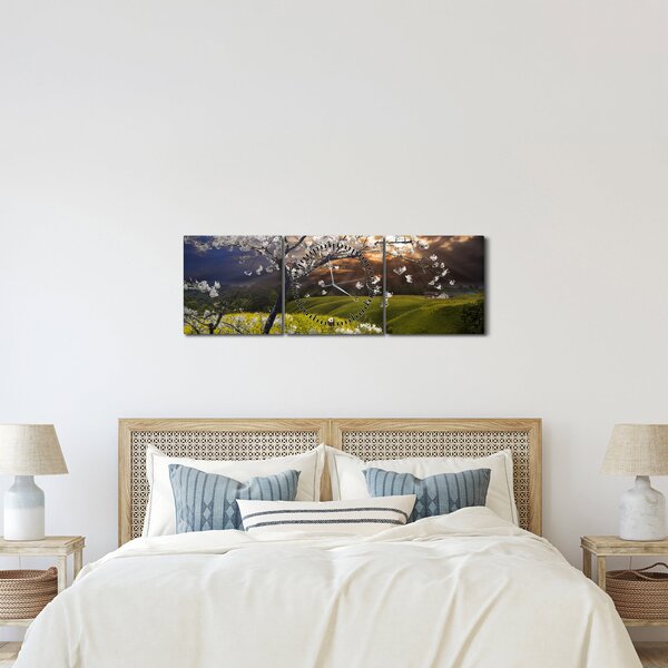 Obraz - Rozkvitnutý strom v krajine (s hodinami) (90x30 cm)