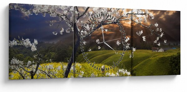 Obraz - Rozkvitnutý strom v krajine (s hodinami) (90x30 cm)
