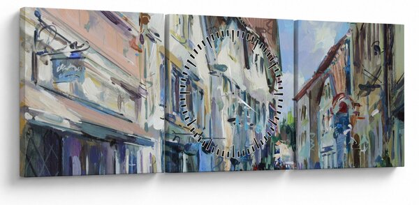 Obraz - Ulička starého mesta, akrylová maľba (s hodinami) (90x30 cm)
