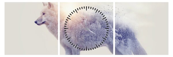 Obraz - Arktický vlk zrkadliaci divokú krajinu (s hodinami) (90x30 cm)
